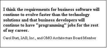 Text Box: I think the requirements for business software will continue to evolve faster than the technology solutions and that business developers will continue to have "programming" jobs for the rest of my career.
Carol Burt, 2AB, Inc., and OMG Architecture Board Member
