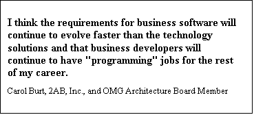 Text Box: I think the requirements for business software will continue to evolve faster than the technology solutions and that business developers will continue to have "programming" jobs for the rest of my career.
Carol Burt, 2AB, Inc., and OMG Architecture Board Member
